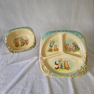 Vtg Selandia Winnie the Pooh Melamine Divided Plate w/ Matching Bowl EUC